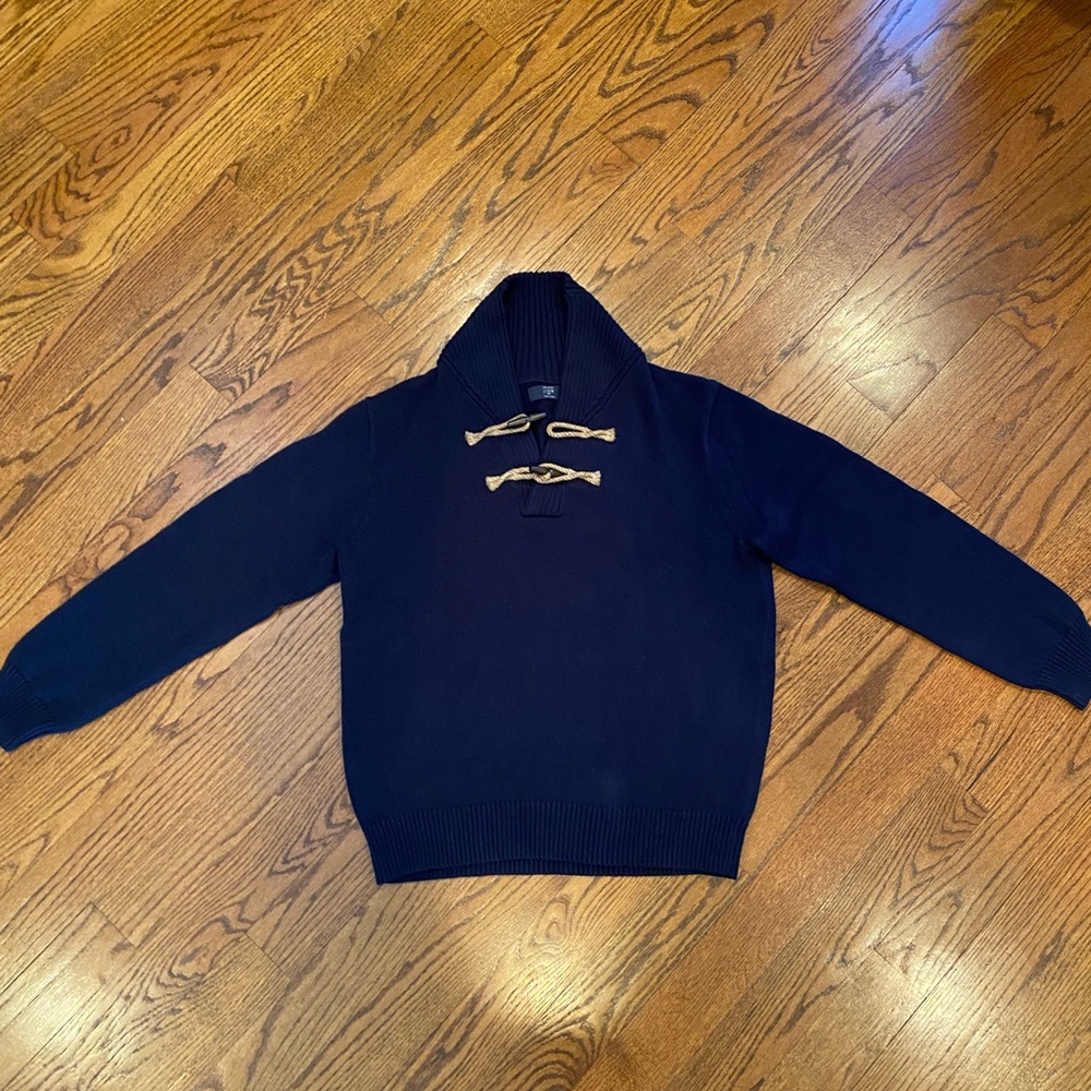 JCrew shawl collar sweater with wood toggle buttons. Navy blue. Worn once